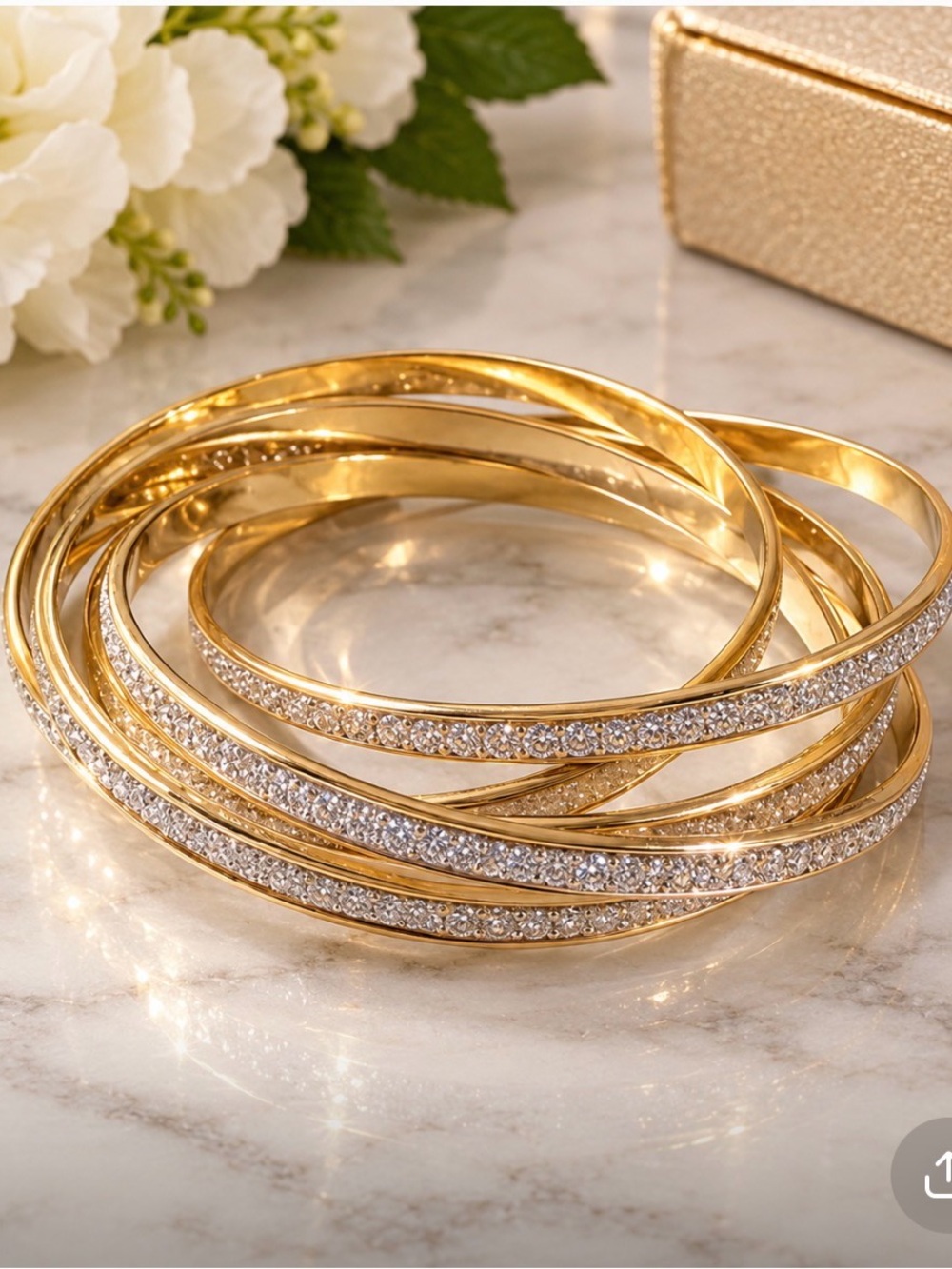 Gold Crystal Pave Multi-Bangle Bracelet Set - Elegant Women’s Jewelry